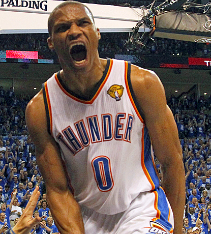 Russell Westbrook celebrates after scoring two of his 27 points as the Thunder drop the Heat in Game 1. (US Presswire)