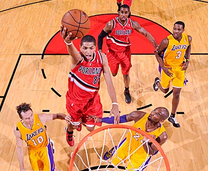 Nicolas Batum soars over the Lakers and winds up leading the Trail Blazers with 26 points.  (Getty Images)