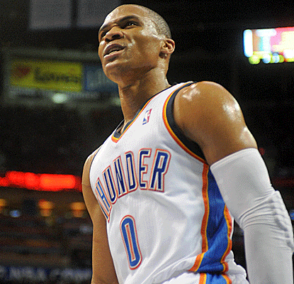 Russell Westbrook leads the Thunder with 27 points, hitting a near-half-court shot to close the third quarter.  (US Presswire)