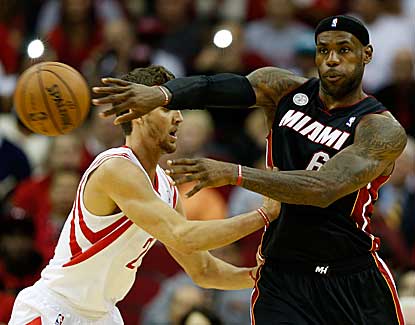 LeBron James scores 38 points for Miami as the Heat come back in the fourth to down Houston. (Getty Images)