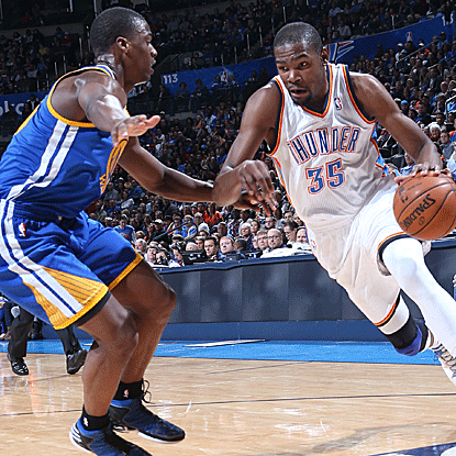 The Thunder's Kevin Durant tallies 25 points, 13 boards and a career-high 10 assists to register his first triple-double. (US Presswire)
