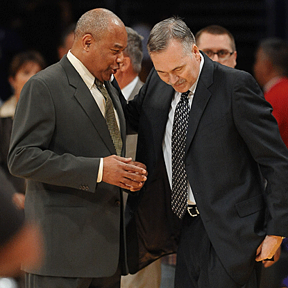 After going 4-1 under interim Bernie Bickerstaff (left), the Lakers win their first game under new head coach Mike D'Antoni. (Getty Images)