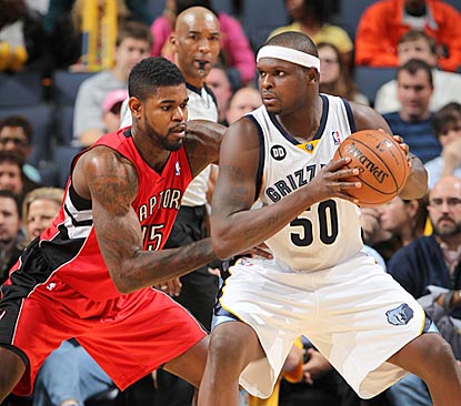 Zach Randolph, trying to back down Amir Johnson here, records his 12th double-double in 13 games this season.  (Getty Images)