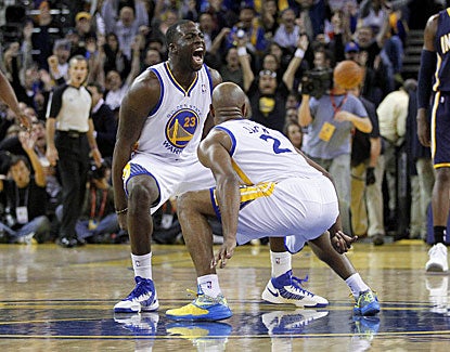 Warriors guard Jarrett Jack (2) celebrates with Draymond Green after making a half-court shot to end the 3rd quarter. (US Presswire)