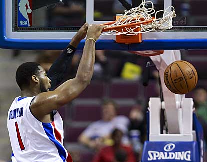 Pistons center Andre Drummond flushes the slam for two of his seven points against Cleveland. (US Presswire)