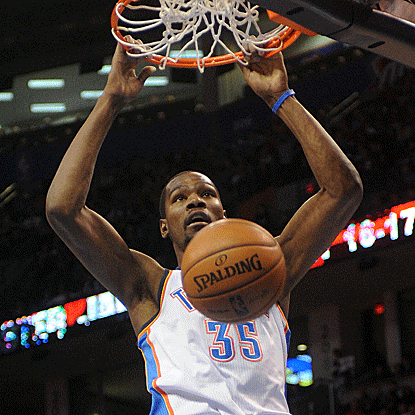 Kevin Durant pours in a game-high 27 points as the Thunder eclipse 100 points for the 12th consecutive game. (US Presswire)