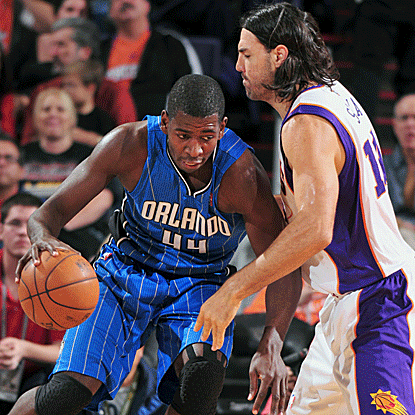 Rookie Andrew Nicholson goes 9 for 11 from the floor, scoring 19 points, and pulls down nine rebounds in the Magic's win. (Getty Images)