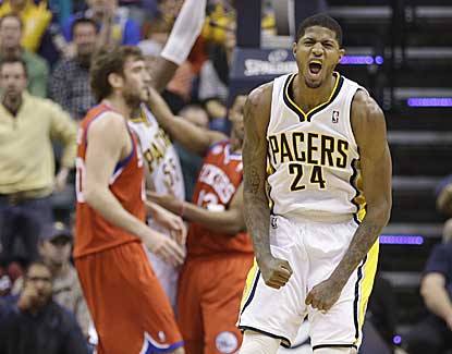 Indiana's Paul George lets out a yell after causing a turnover. George leads Indiana with 28 points. (AP)