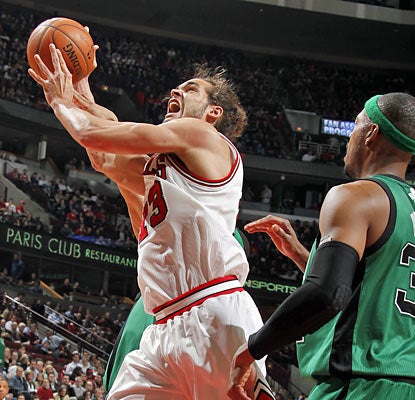 Joakim Noah collects his second career triple-double with 11 points, 13 rebounds and 10 assists against the Celtics. (Getty Images)