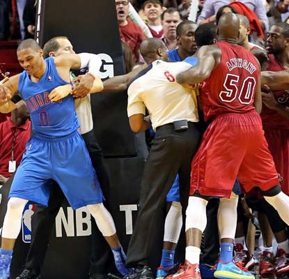 Russell Westbrook's Thunder and the Heat get feisty in their first meeting since Miami won the title.  (Getty Images)