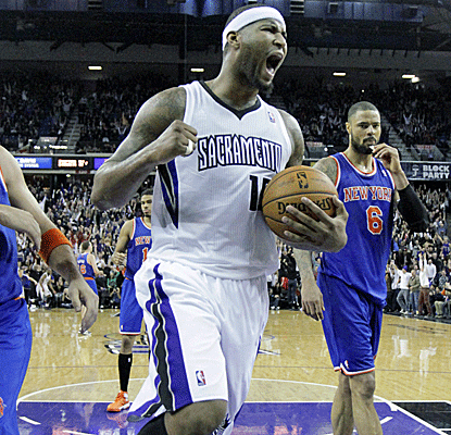 DeMarcus Cousins celebrates after the Kings knock off the Knicks with a buzzer-beater in Sacramento.  (AP)