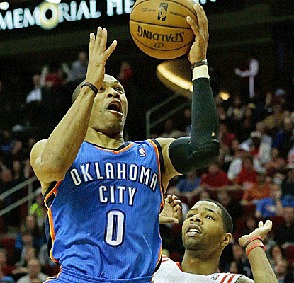 Russell Westbrook threatens a triple-double, adding eight rebounds and eight assists to his game-high 28 points.  (Getty Images)