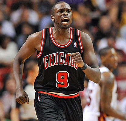 Luol Deng celebrates as the Bulls become just the third team to beat the Heat in Miami this year.  (US Presswire)