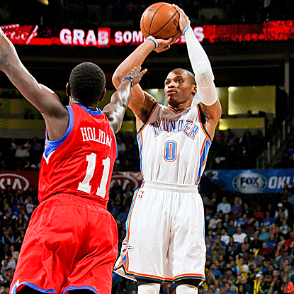 Russell Westbrook combines with Kevin Durant to score 53 points and the Thunder overpower the visiting Sixers.  (US Presswire)