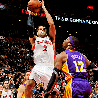 Landry Fields scores a season-high 18 points and grabs 10 rebounds to lead the Raptors past the Lakers in a matinee. (Getty Images)
