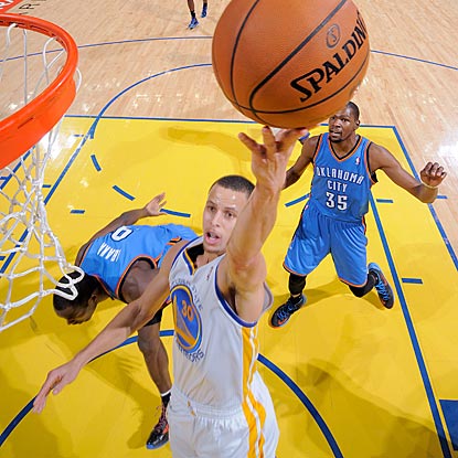 Stephen Curry runs circles around the Thunder and strengthens his case to become Golden State's first All-Star in 16 years.  (Getty Images)