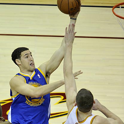 Klay Thompson, shooting over Tyler Zeller here, enters the game shooting 40.7 percent but makes 13 of 24 in Cleveland.  (US Presswire)