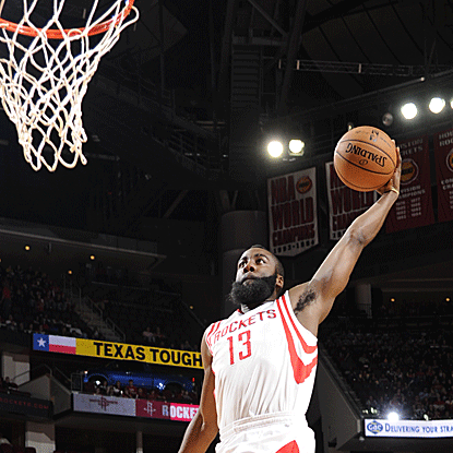 The Rockets' James Harden tallies 21 points, 11 rebounds and 11 assists for his first career triple-double. (Getty Images)