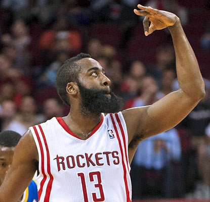 James Harden (18 points) knocks down four of the Rockets' franchise-best 23 threes. (AP)
