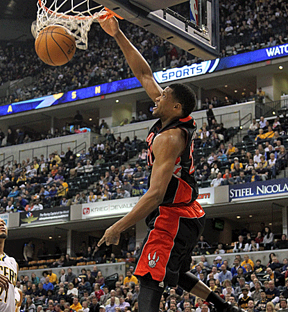 Rudy Gay scores 17 of his 23 points in the fourth quarter as the Raptors rally to top the Pacers in OT.  (US Presswire)