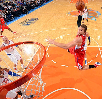 Blake Griffin shows off for the crowd at Madison Square Garden and finishes with 17 points and 12 boards in LA's win. (Getty Images)
