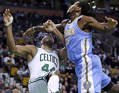 Boston's Chris Wilcox takes a shot from Denver's Kenneth Faried as the teams battle for 3 OTs. (AP)