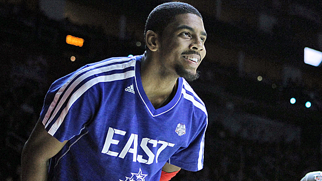 Kyrie Irving reacts after winning the 3-point contest. (US Presswire)