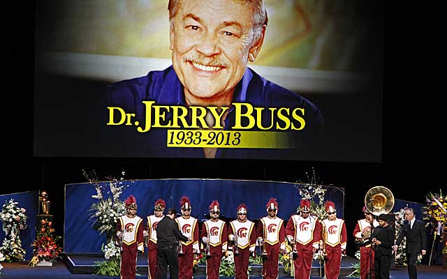 Mourners gather at Nokia Theatre in Los Angeles to remember Lakers owner Jerry Buss. (AP)