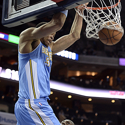 JaVale McGee gets 14 of his 17 points from dunks in the Nuggets' win against the Bobcats.  
