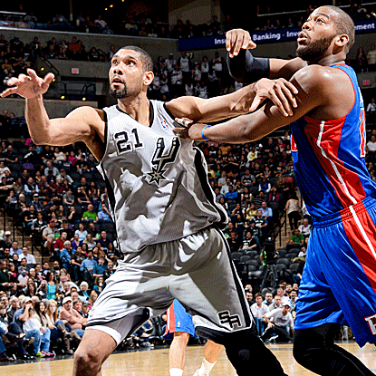 Tim Duncan delivers a balanced game of 16 points, 11 rebounds and six assists in the Spurs' crushing win over the Pistons. (Getty Images)