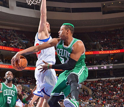 Paul Pierce fills the stat sheet against the 76ers with 18 points, 11 rebounds and seven assists. (Getty Images)