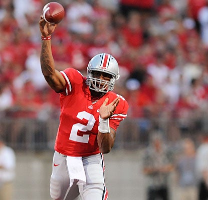Terrelle Pryor shows off his arm in Ohio State's blowout win, throwing for three touchdowns.  (Getty Images)