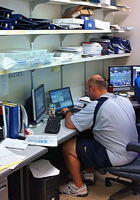 WVU grad assistant Vince Cashdollar rises early to chart LSU tendencies from his 'office.' (CBSSports.com Original)