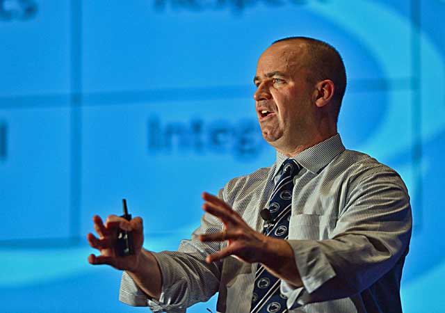 O'Brien gives a presentation during the Penn State Coaches Caravan stop in New York. (AP)