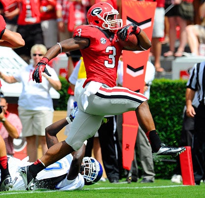 Todd Gurley makes a pitch to be Georgia's No. 1 back with 100 yards and three touchdowns on eight carries.  (US Presswire)