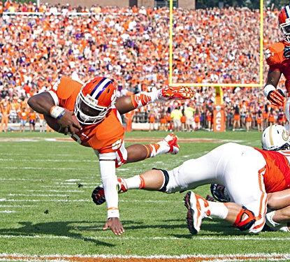 Clemson's Tajh Boyd dives in to the end zone for a touchdown in the first quarter against Georgia Tech. (US Presswire)