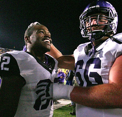 Josh Boyce (82) celebrates after making the game-winning 2-point conversion catch for the Horned Frogs.  (US Presswire)