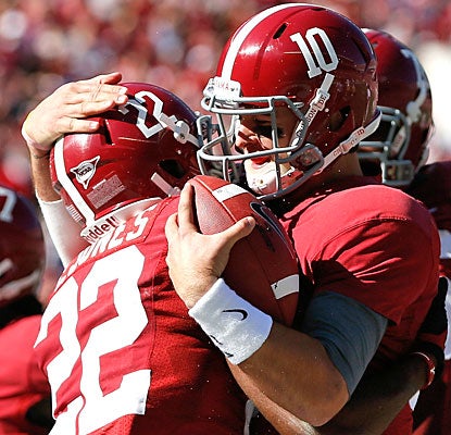 AJ McCarron celebrates with Christion Jones after setting Alabama's single-season record for passing TDs (21).  (Getty Images)
