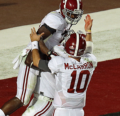 Alabama scores pretty much at will against Notre Dame as the celebrating starts early in Miami.  (US Presswire)