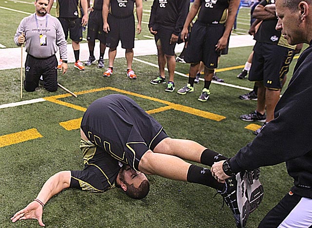 Kalil, along with other offensive linemen, goes through flexibility testing at the combine. (US Presswire)