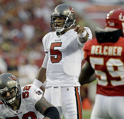 'It's a little minor fracture,' says Josh Freeman, who will miss the rest of the preseason with a thumb injury.  (AP)