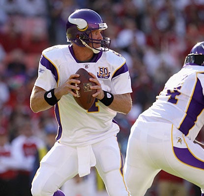 Brett Favre completes the only pass he attempts during one series of work Sunday night.  (Getty Images)