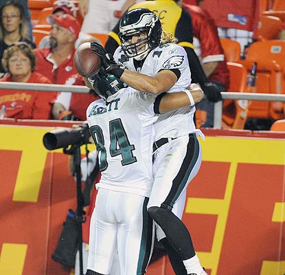It's a happy moment for rookie Riley Cooper, who hauls in the winning TD pass from Mike Kafka. (US Presswire)