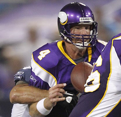 Brett Favre (16 of 26 for 187 yards) turns the ball over three times in his most extensive action in the preseason.  (AP)