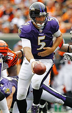 Considering his toubles throwing the ball, Joe Flacco might have been better handing off more often. (US Presswire)