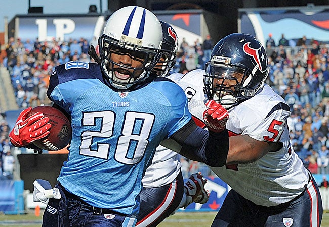 Chris Johnson has led the NFL in rushing for two seasons, but is a no-show in camp. (US Presswire)