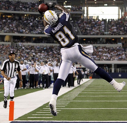 Tight end Randy McMichael hauls in a 7-yard-pass from Philip Rivers -- the Chargers' only touchdown through the air.  (AP)