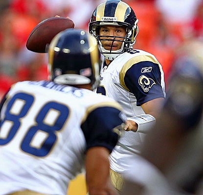 In his first two series vs. the Chiefs, Rams QB Sam Bradford tosses for 76 yards on 8-for-8 passing. (Getty Images)