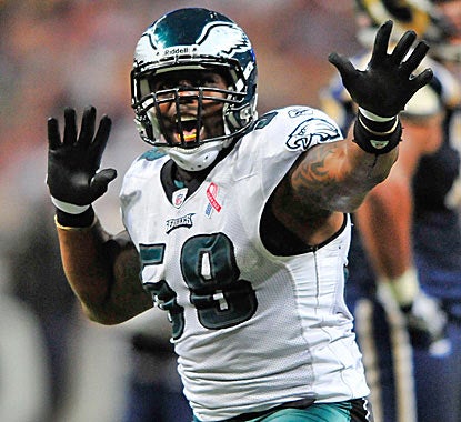 Trent Cole of the Eagles celebrates a sack of Rams quarterback Sam Bradford in Philadelphia's victory. (Getty Images)