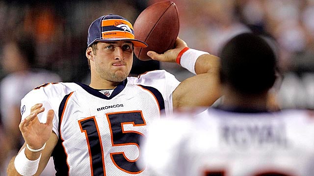 Tebow's still No. 3 on Denver depth chart behind Kyle Orton and Brady Quinn. (AP)